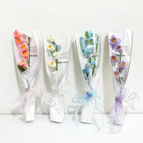 Handgefertigtes Gestricktes Maiglöckchen Blumenstrauß Mit Geschenkverpackung Schleife Häkeln Künstliche Blumen Für Haus Deko