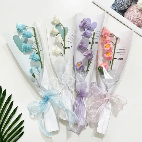 Handgefertigtes Gestricktes Maiglöckchen Blumenstrauß Mit Geschenkverpackung Schleife Häkeln Künstliche Blumen Für Haus Deko