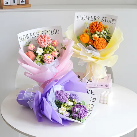 Handmade Crochet Flower Bouquet Milk Cotton Yarn Sunflower Rose Tulip Artificial Flowers For Graduation Father Day Birthday Gift Home Decor
