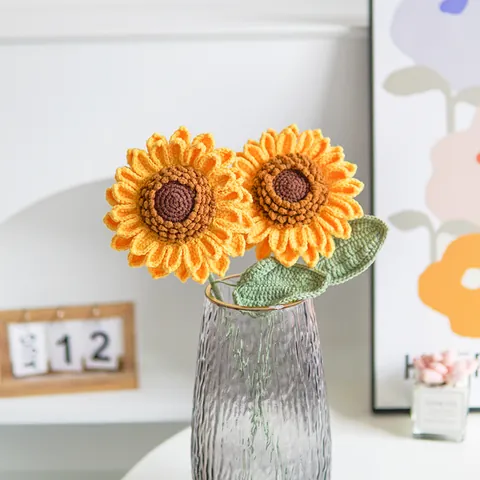 Handmade Crochet Knitted Sunflower Flower Bouquet With Glass Vase Artificial Yarn Sunflowers Home Table Decor Holiday Gift