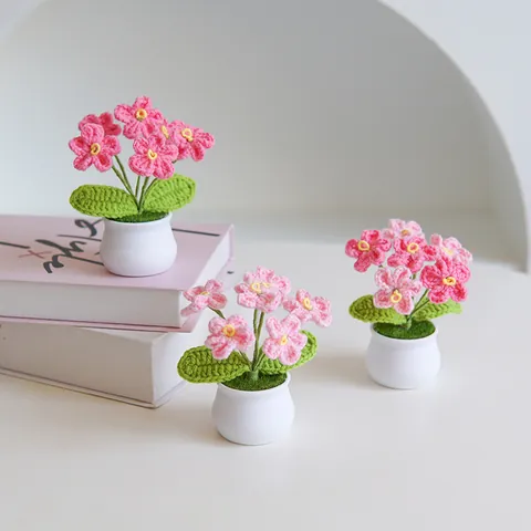 Handmade Crochet Potted Flower Knitted Forget-Me-Not Mini Plant For Home Office Desk Car Decor Aesthetic Handwoven Gift