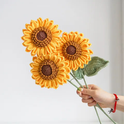 Handmade Crochet Knitted Sunflower Flower Bouquet With Glass Vase Artificial Yarn Sunflowers Home Table Decor Holiday Gift