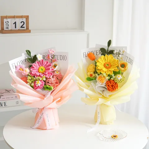 Handmade Crochet Flower Bouquet Milk Cotton Yarn Sunflower Rose Tulip Artificial Flowers For Graduation Father Day Birthday Gift Home Decor
