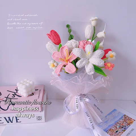 Bouquet di Fiori all'Uncinetto Fatto a Mano in Lana a Maglia Rosa Tulipano Girasole Fiori Artificiali Finiti per Compleanno Matrimonio Casa Arredo Regalo con Confezione
