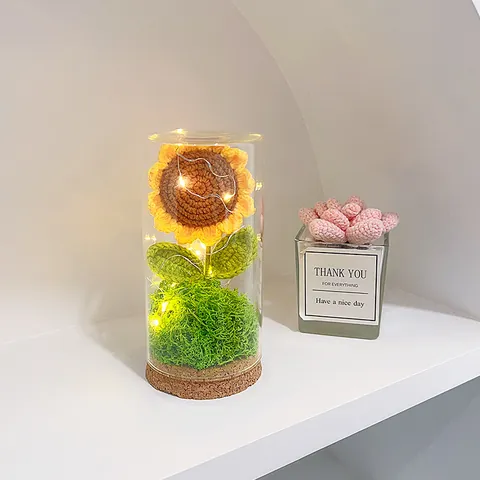 Handmade Crochet Sunflower Night Light In Glass Dome With Cork Base LED Warm Lamp Knitted Flower Desktop Ornament Gift