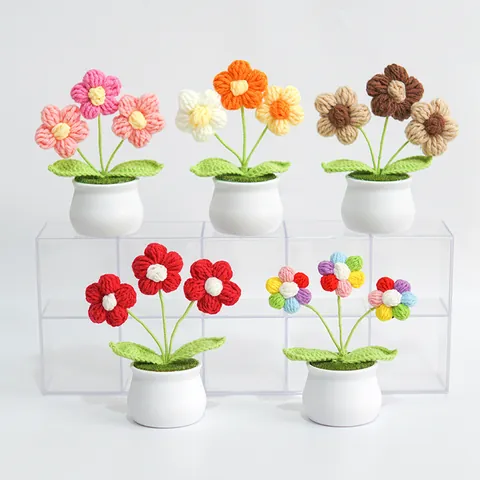 Planta Artificial en Maceta de Flores Abombadas Tejidas a Mano Ganchillo Floral Hogar Oficina Escritorio Adorno Decorativo