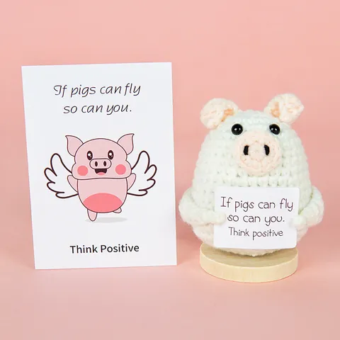 Hand Crochet Positive Pig Doll With Inspirational Card Cute Knitted Wool Piggy Desk Ornament Stress Relief Gift For Friends