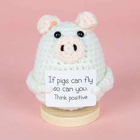 Hand Crochet Positive Pig Doll With Inspirational Card Cute Knitted Wool Piggy Desk Ornament Stress Relief Gift For Friends