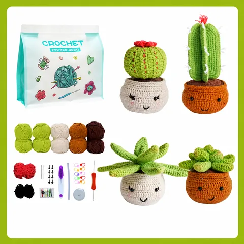 Kit de Crochet DIY Fait Main Pour Débutants Cactus Plantes Succulentes En Pot Avec Fil Acrylique Et Instruction Vidéo