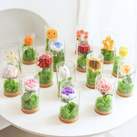 Handmade Crochet Flower In Glass Dome Night Light Cotton Yarn Sunflower Rose Tulip LED Lamp Desktop Ornament For Mother's Day Gift