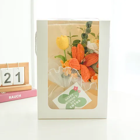 Handmade Crochet Flower Bouquet With Lily Rose Tulip For Women Valentine Mother Day Birthday Graduation Handmade Gift Packaging