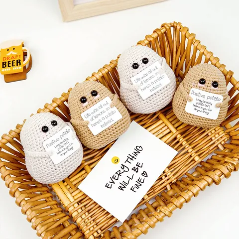 Handmade Crochet Positive Potato Doll With Card Cute Knitted Potato Plush Toy Desktop Decoration Office Stress Relief Gift