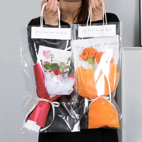 Bouquet di Garofani e Tulipani a Maglia Fatto a Mano Fiore all'Uncinetto in Filato Con Borsa Regalo Trasparente Cartolina per la Festa della Mamma