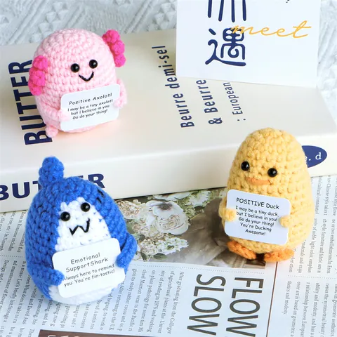 Handmade Crochet Positive Support Doll With Inspirational Card Emotional Support Shark Axolotl Duck Knitted Desktop Ornament Gift