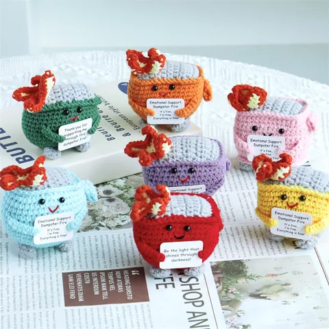 Handgemachte Häkelarbeit Emotionaler Beistand Müllcontainer Brand Puppe Baumwolle Gestrickt Stressabbau Spielzeug Mit Motivationskarte