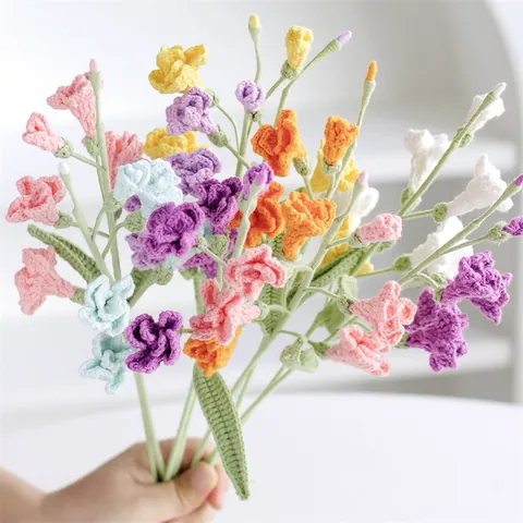Handmade Crochet Knitted Freesia Simulation Flower Bouquet Yarn Floral Desktop Ornament For Home Decor Wedding Gift