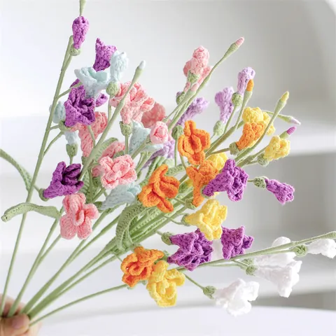 Handmade Crochet Knitted Freesia Simulation Flower Bouquet Yarn Floral Desktop Ornament For Home Decor Wedding Gift