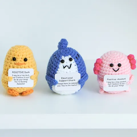 Handmade Crochet Positive Support Doll With Inspirational Card Emotional Support Shark Axolotl Duck Knitted Desktop Ornament Gift