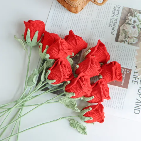 Handmade Crochet Rose Yarn Flower Elegant Wine Glass Shape Knitted Artificial Flower Stem For Home Decor Valentine's Day Wedding Gift
