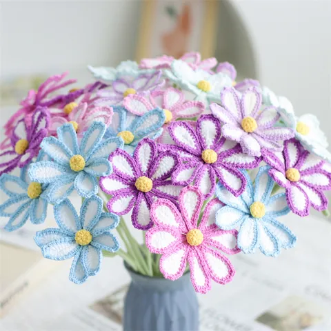 Handmade Knitted Gelsang Flower Bouquet Wool Yarn Crochet Artificial Daisy Flowers Pastoral Style Home Decor Gift