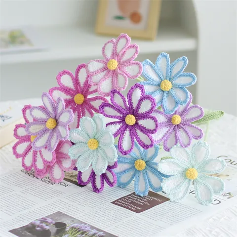 Handmade Knitted Gelsang Flower Bouquet Wool Yarn Crochet Artificial Daisy Flowers Pastoral Style Home Decor Gift