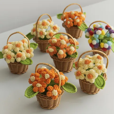 Hand Crocheted Flower Basket Desktop Decoration Woven Yarn Sunflower Daisy Rose Potted Artificial Flower For Home Office Decor