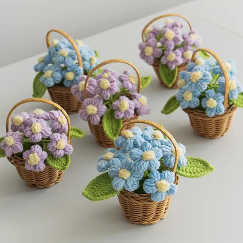 Hand Crocheted Flower Basket Desktop Decoration Woven Yarn Sunflower Daisy Rose Potted Artificial Flower For Home Office Decor