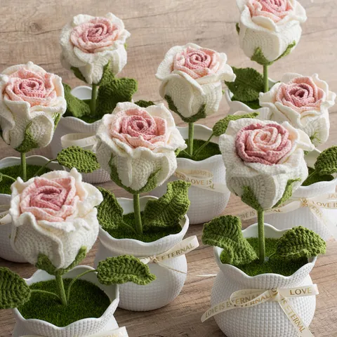 Handmade Crochet Knitted Rose Gerbera Potted Flower Artificial Plant Decor With White Ceramic Vase Romantic Home Office Tabletop Ornament Gift