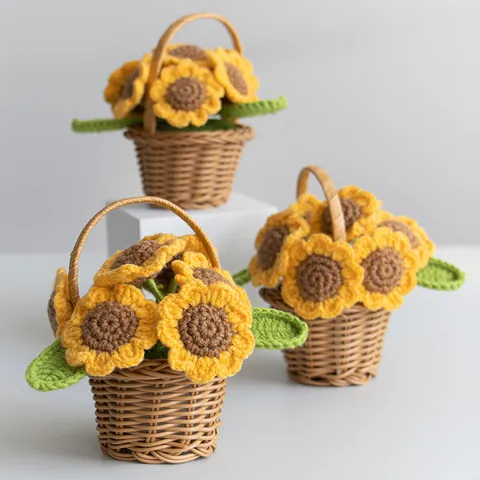 Hand Knitted Sunflower Rose Daisy Flower Basket Ornaments Crochet Potted Plants Desktop Decoration Handmade Floral Gift