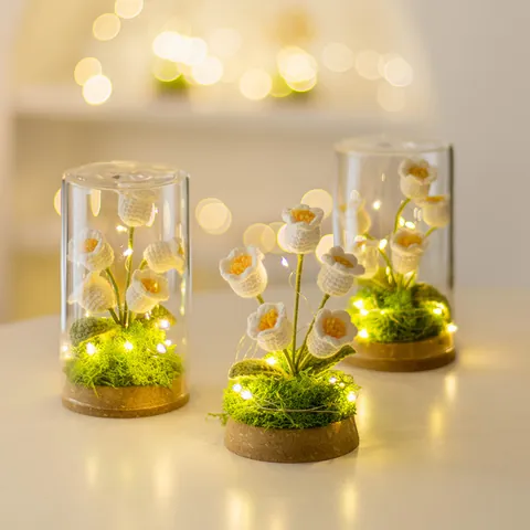 Handmade Crochet Lily Of The Valley Night Light In Glass Dome With Wood Base Warm LED Flower Bouquet Desktop Decoration Gift