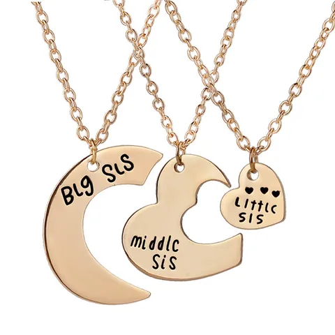 Little Middle Big Sister Heart Puzzle Pendant Necklaces Alloy Gold Silver Plated Engraved Jewelry For Best Friends Women Girls