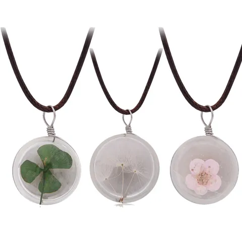 Collier Pendentif en Verre Fleurs Séchées Fait Main Véritable Spécimen de Pissenlit Jonquille Vintage Simple Bijoux Cordon de Cire Cadeau Femme