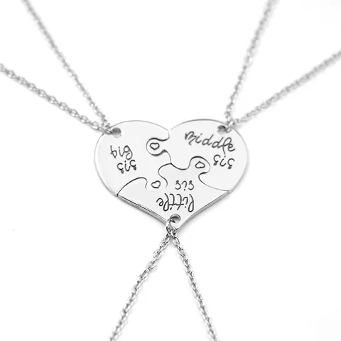 Alloy Splicing Puzzle Heart Pendant Necklace Big Middle Little Sister Lettering Silver Chain Necklace For Women Girls Gift