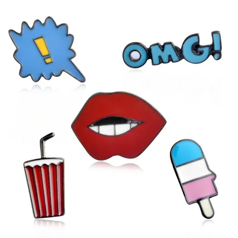 Cartoon Alloy Enamel Brooch Pin Red Lips Drink Cup Popsicle OMG Letter Exclamation Mark Fashion Clothes Bag Accessory