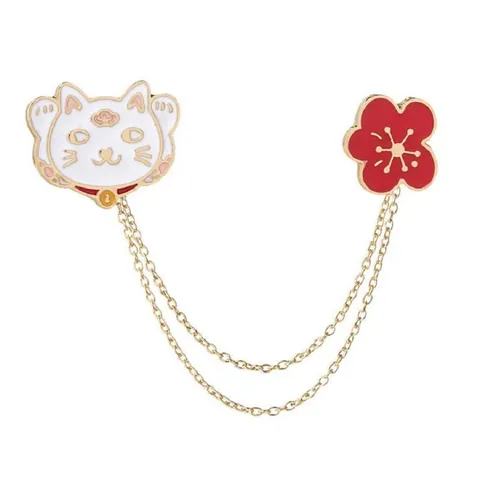 Broche de Gato de la Suerte de Aleación de Esmalte Con Cadenas Flor de Ciruelo Moneda Pin de Solapa Para Mujer Niña Joyería