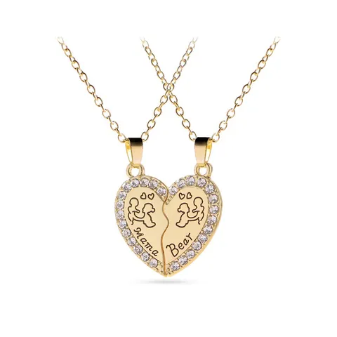 Mama Bear Herz Puzzle Anhänger Halskette Set Legierung Strass Eingelegt Zwei Teile Passender Schmuck Für Damen Muttertag Geschenk