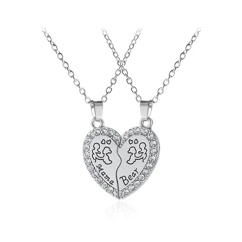 Mama Bear Herz Puzzle Anhänger Halskette Set Legierung Strass Eingelegt Zwei Teile Passender Schmuck Für Damen Muttertag Geschenk