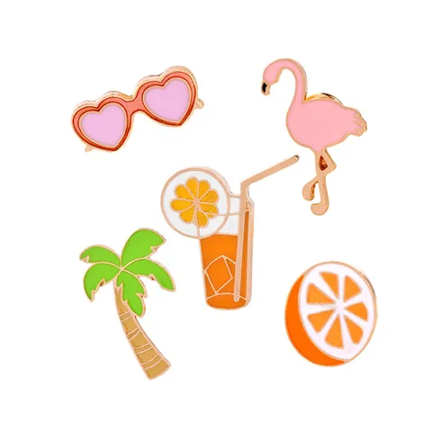 Summer Tropical Cartoon Enamel Brooch Flamingo Palm Tree Orange Slice Heart Sunglasses Alloy Drip Oil Badge Jewelry For Women Backpack Decor