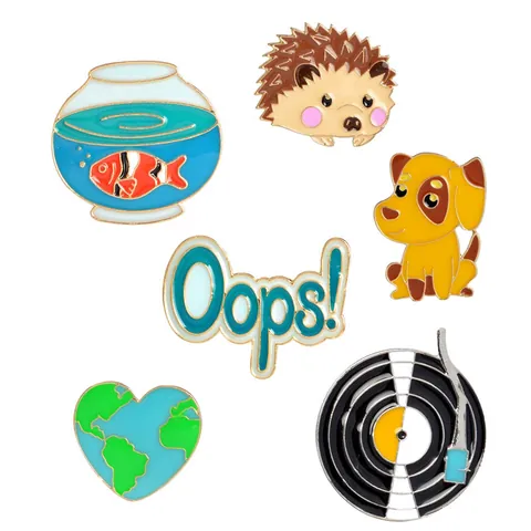 Pins de Esmalte de Dibujos Animados Lindo Animal Perro Erizo Pecera Disco de Vinilo Corazón Tierra Oops Broche Insignias para Solapa Mujer Hombre