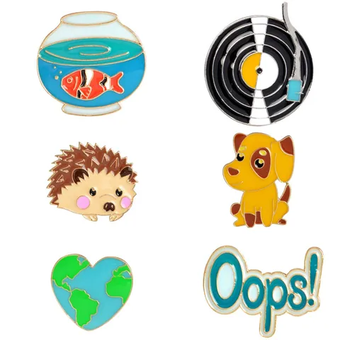 Pins de Esmalte de Dibujos Animados Lindo Animal Perro Erizo Pecera Disco de Vinilo Corazón Tierra Oops Broche Insignias para Solapa Mujer Hombre