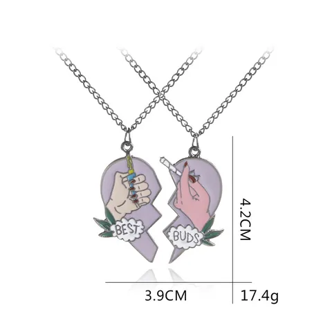 Collana con Ciondolo a Cuore Diviso Best Buds in Lega Smaltata per Amici Coppia Catena Nera Accendino Sigaretta Foglia Gioielli