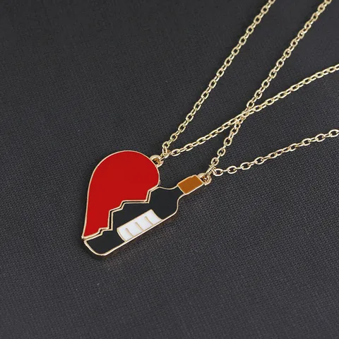 Creative Wine Bottle And Red Heart Puzzle Necklace Set Alloy Gold Plated Enamel Pendant For Couples Friends Jewelry Gift