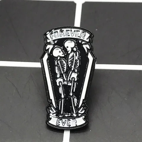Gothic Punk Coffin Skeleton Couple Enamel Brooch Pin Forever Ever Lettering Alloy Jewelry Gift For Couples Unisex Badge