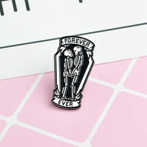 Gothic Punk Coffin Skeleton Couple Enamel Brooch Pin Forever Ever Lettering Alloy Jewelry Gift For Couples Unisex Badge