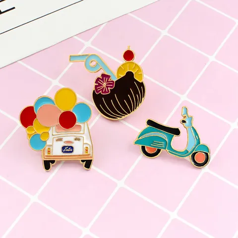 Cartoon Enamel Brooch Pin Cute Balloon Car Motorcycle Coconut Drink Alloy Badge Lapel Pin Gift For Kids Women Backpack Badge