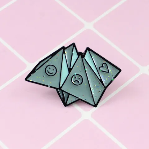 Creative Origami Alloy Enamel Brooch Pin Mint Green Glitter Smiley Face Heart Geometric Badge For Clothing Backpack Gift
