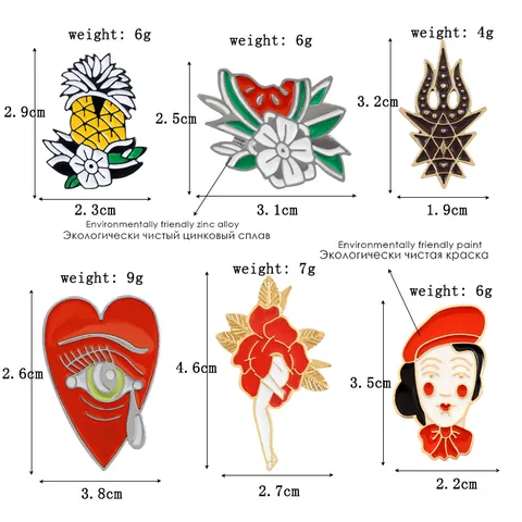 Badge Pin's en Émail Vintage Ensemble Broche Alliage Ananas Pastèque Rose Fleur Cœur Œil Visage pour Sac à Dos Vêtements Décoratif