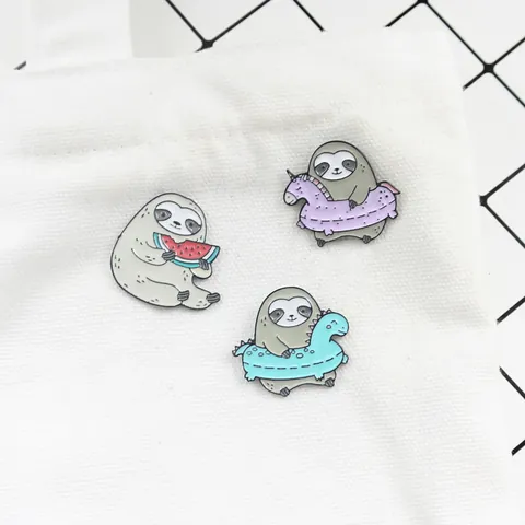 Cartoon Sloth Enamel Pin Cute Animal Brooch Unicorn Dinosaur Swim Ring Watermelon Drip Oil Alloy Badge Clothing Bag Decor