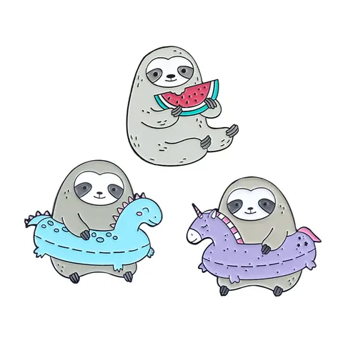 Cartoon Sloth Enamel Pin Cute Animal Brooch Unicorn Dinosaur Swim Ring Watermelon Drip Oil Alloy Badge Clothing Bag Decor