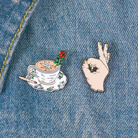 Punk Legering Emaille Broche Set Grappig OK Gebaar Hand Middelvinger En Roos Koffiekopje Badge Voor Rugzak Kleding Accessoires